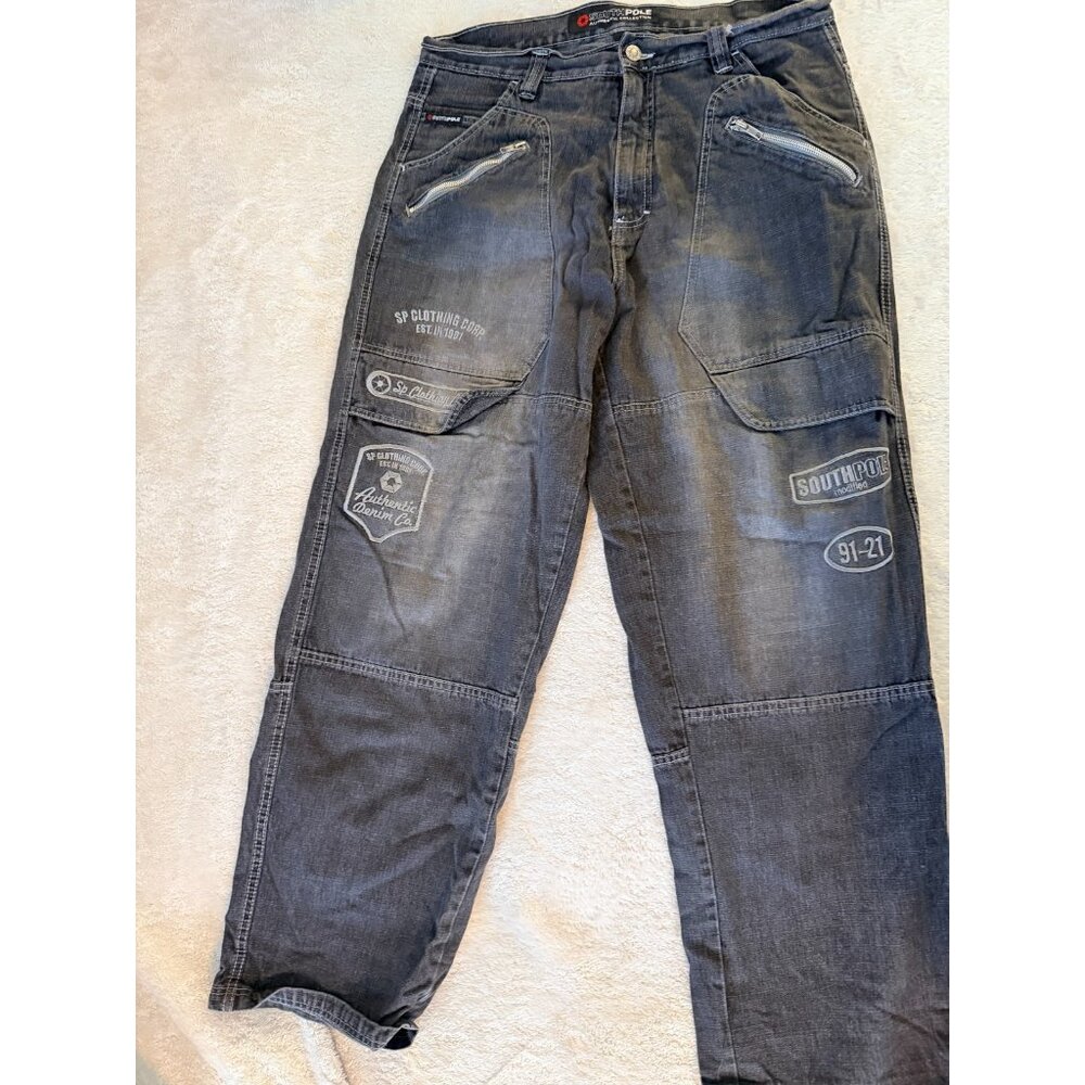 Southpole Vintage Y2K Baggy Cargo Embroidered Jeans Size 36 Black Faded Zippers
